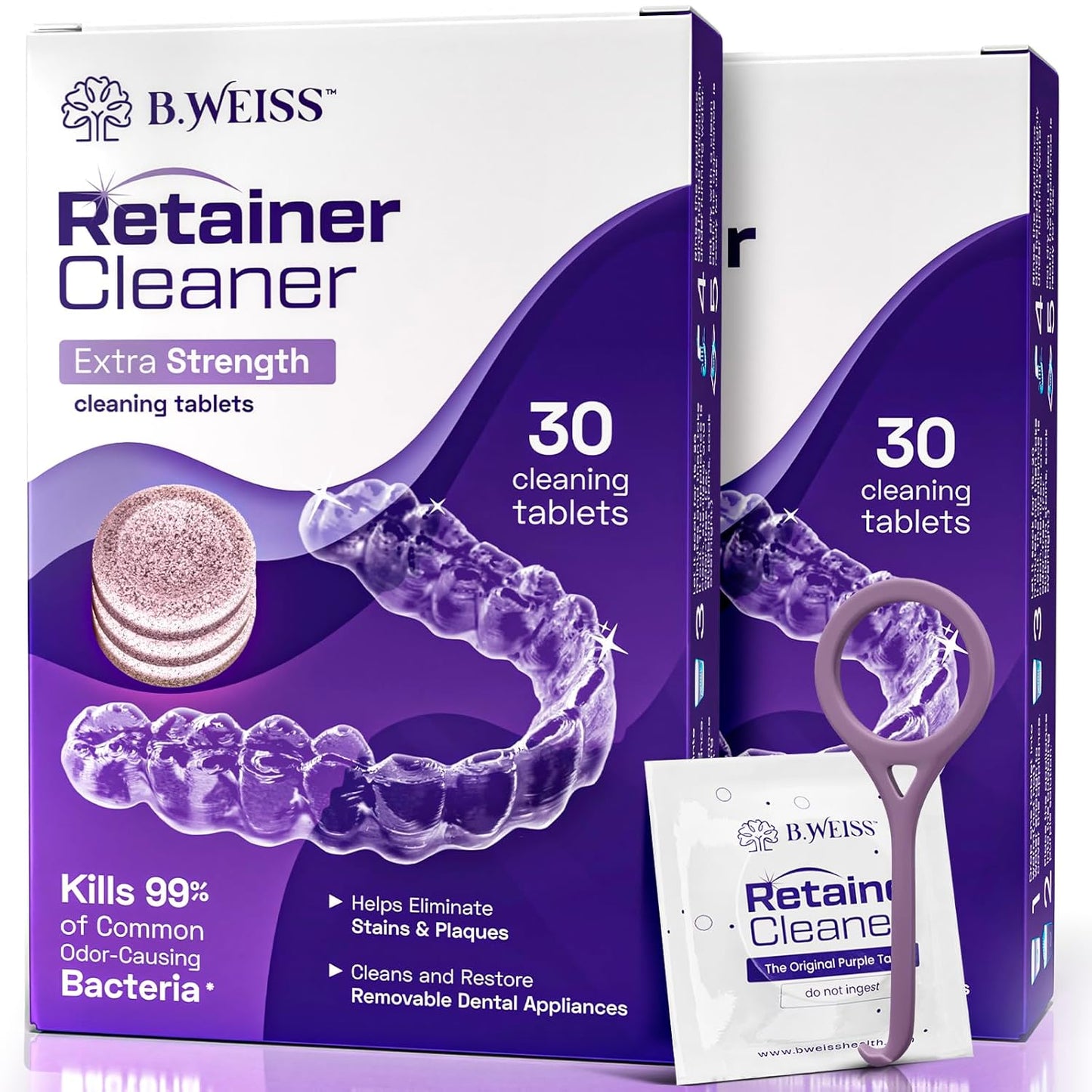 Weiss Naturals Retainer Cleaner Tablets, Invisalign Cleaner, Remove Stains, Odors & Plaque, PERSULFATE FREE Night Guard & Denture Cleaner 2-Month Supply, 60 Grape Scented Tablets