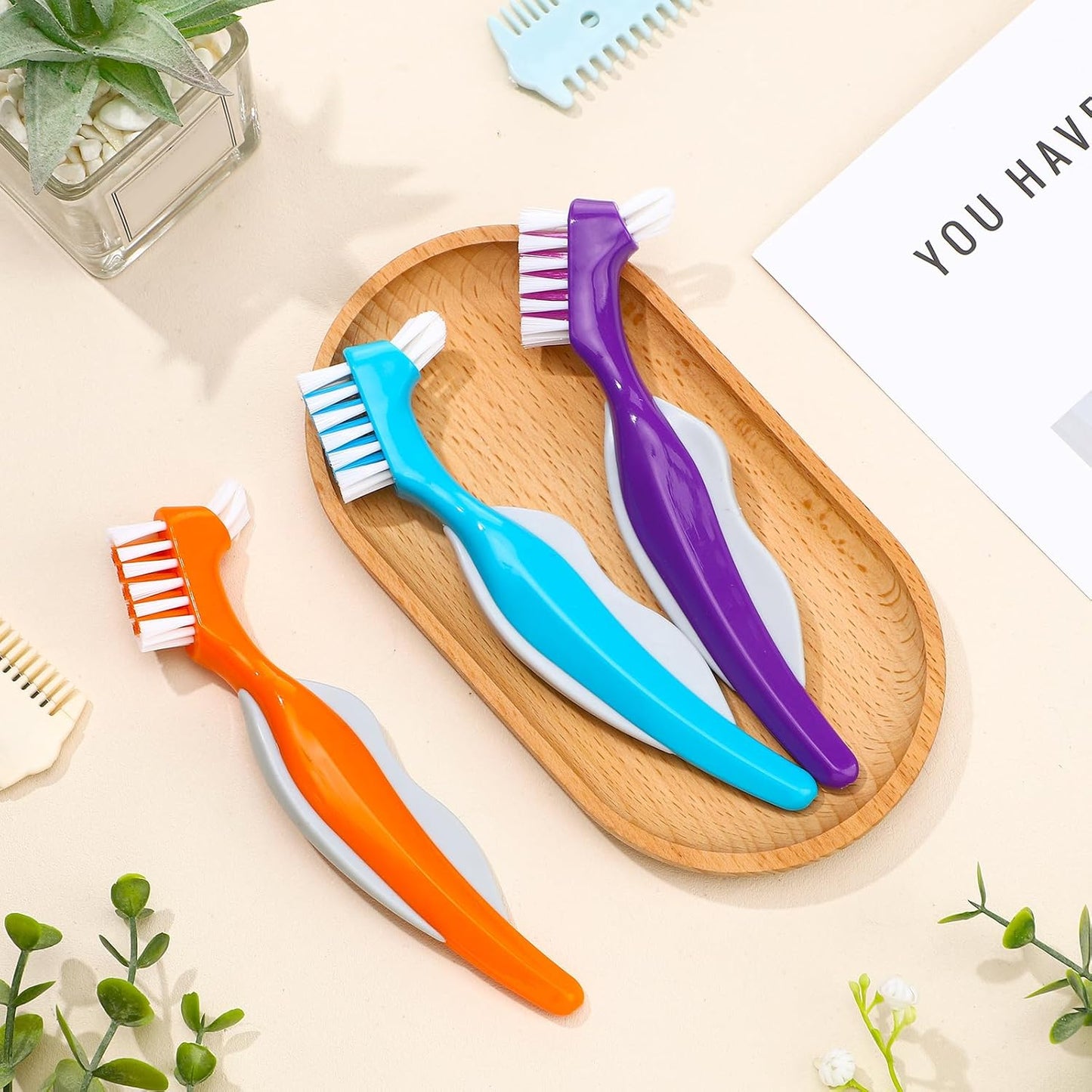 6 Pack Denture Cleaning Brush Dual Head Portable Denture Toothbrush Hard Double Sided Multi-Layered Bristles False Teeth Toothbrush for Care Clean Clear Brace Mouth Guard(Blue Orange Purple,Angled)