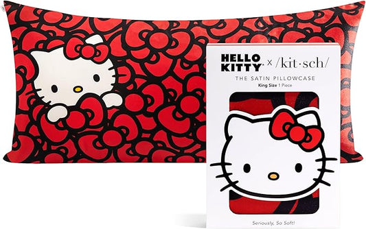 Kitsch x Hello Kitty Sea of Bows - Satin Pillowcase with Zipper for Hair and Skin, Softer Than Silk, Smooth Cooling Pillow Covers, Machine Washable, King Size (19x36)