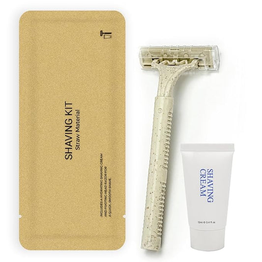 Disposable Shave Kit for Men &Women - 50 Pcs Wheat Straw Razors and Cream Bulk, Individually Wrapped Portable Toiletries Amenities for Hotel, Airbnb, Homeless, Shelter, Charity, Camping and Travel