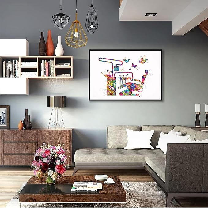 HFKSRJGW Dental Office Decor,Dentist Chair And Butterfly Watercolor Print Dental Tools Tooth Medical Art Teeth Clinic Decor Gift Dentist Dentistry Office Wall Art,16"x20"Framed Wall Art