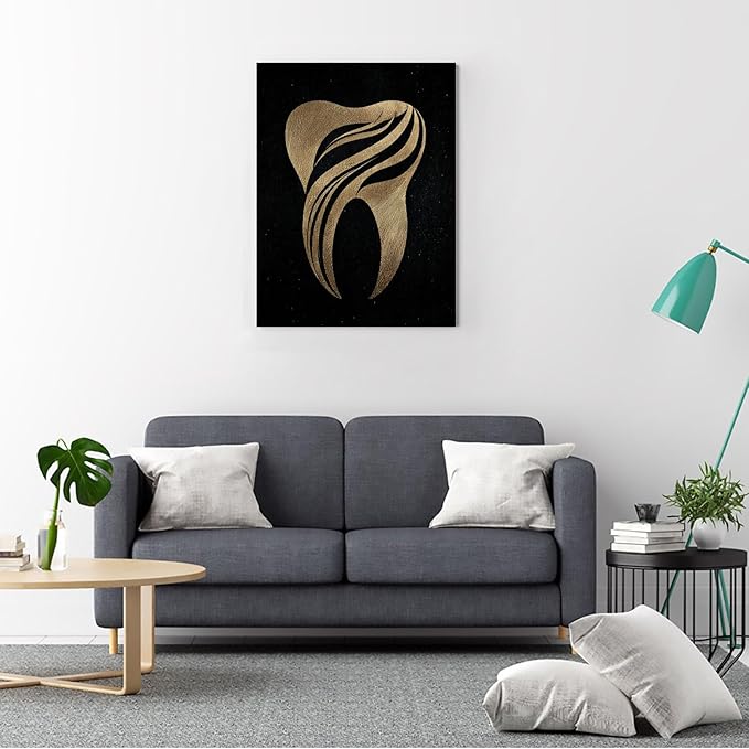 SchindlerBang Dental Painting Art Print,Glamorous Gold Tooth Design,Chic Decor for Celebrity Dentists,Fashionable Clinics,and Stylish Spaces 16x20inch Ready to Hang