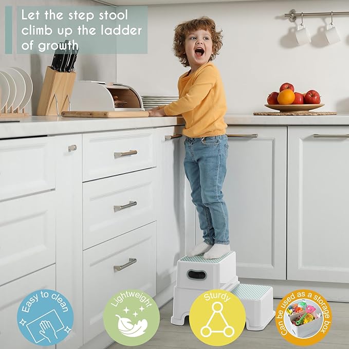 Victostar Toddler Step Stool,2 Kids Step Stool for Bathroom Sink,Baby Potty Stool with Anti-Slip Surface and Rubber Bottom,Plastic Stool with Handle for Toilet Potty Training Bathroom Kitchen