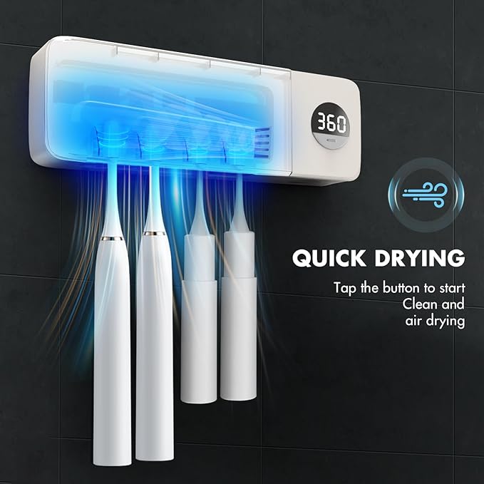 Sanitizeri Toothbrush Holder, Sanitizeri Toothbrush Cleaner, 2000mAh Rechargeable Cordless Wall Mounted Holders for Bathroom, 4 Slots & Timer Function, Ivory