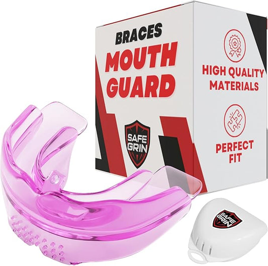 SafeGrin Pink Mouth Guard for Braces for Sports - Premium Silicone Teens & Youth Upper & Lower Teeth Protection for Sports - Football, Lacrosse, Hockey, Baseball
