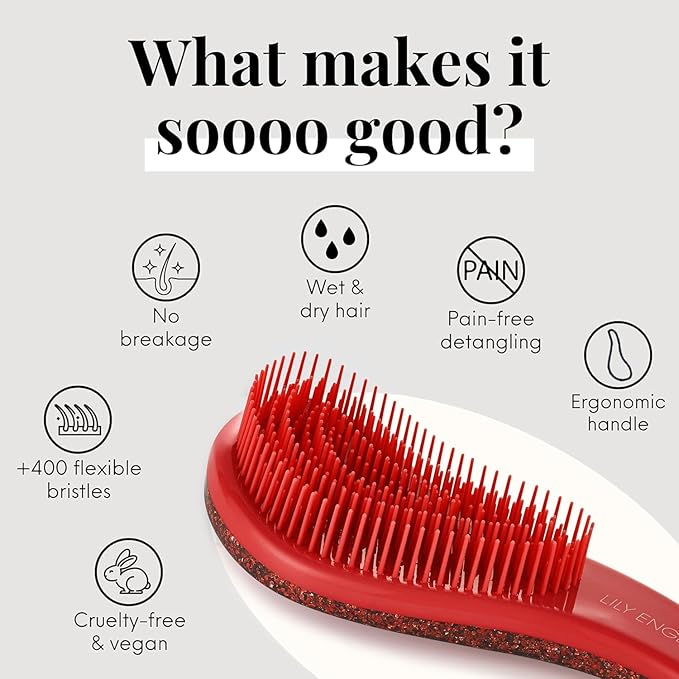 Lily England Detangler Brush & Comb Set - Lightweight Wide Tooth Detangling Tool for Women & Kids - Smooths Curly, Straight, Dry, Fine, & Thick Hair, Red Glitter