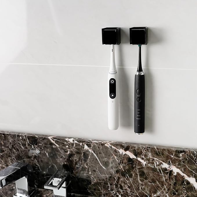 2 PCS Toothbrush Holder Wall Mounted with Cover for Bathroom, Self Adhesive Toothbrush Storage Organizer for Shower, Mini Toothbrush Hanger Rack for Dorm, Cabinet (Black)