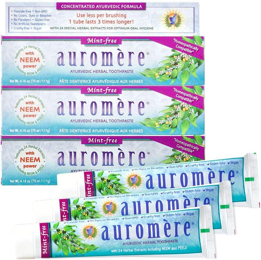 Auromere Ayurvedic Herbal Toothpaste, Mint Free - Vegan, Natural, Non GMO, Fluoride Free, Gluten Free, with Neem & Peelu (4.16 oz), 3 Pack