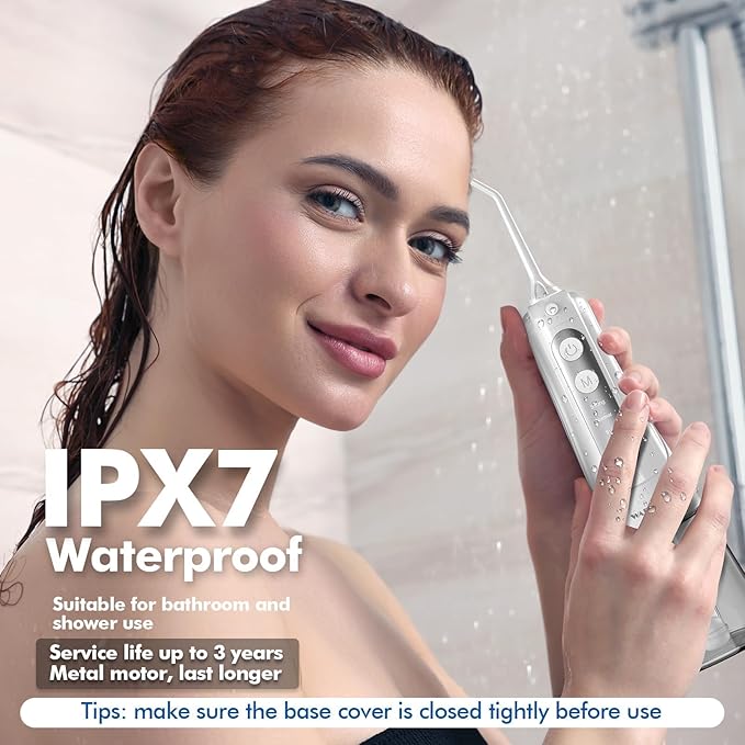 Cordless Water Dental Flosser for Teeth, with 8 Jet Tips, 300ML Tank Oral Irrigator Portable with 4 Modes IPX7 Waterproof Rechargeable Water Floss for Home Travel, Adults Teeth Cleaning (White)