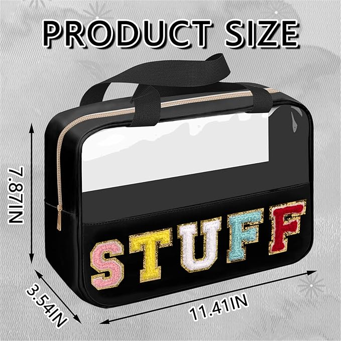 Chenille Letter Patch Stuff Bag, Preppy Clear Makeup Cosmetic Bag Large Toiletry Storage Tote Bag with Handle, Transparent Nylon Waterproof Organizer Zipper Pouch for Travel Women Girls(Black)