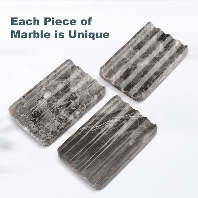 Marble Soap Dish, Bar Soap Holder Shower, Brown Soaps Saver with Water Ripple Design, Easy Cleaning Stone Sponge Holder for Kitchen Sink，Bathroom, Executive Natural Stone Soap Tray