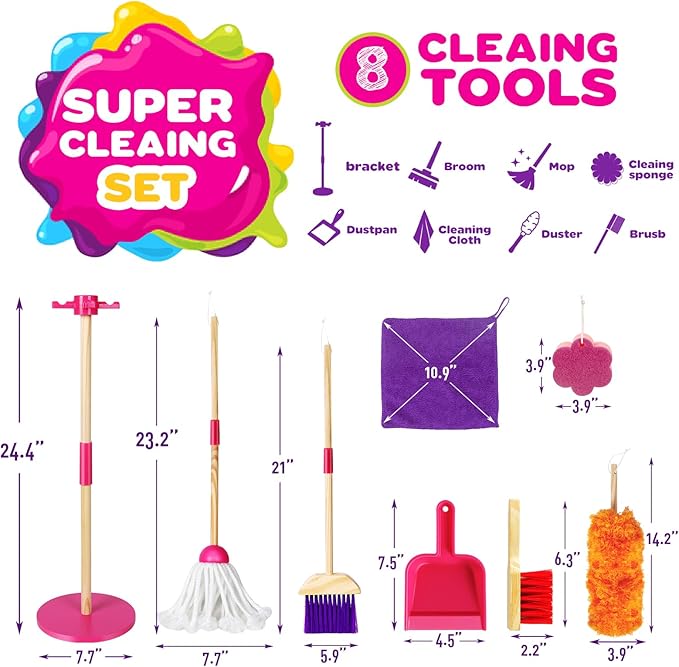 Wooden Toy Cleaning Set ,8Pcs Kids Cleaning Set, Includes Broom, Dustpan, Brush, Mop, Duster, Sponge, Rag and Hanging Stand, Pretend Play Children House Cleaning Toys for Toddlers