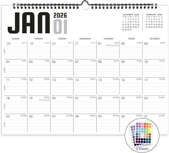 2026 Calendar, Wall Calendar 2026-2027, 18 Month Calendar January 2026 - June 2027, 14.8" X 11.5", Calendar with Twin-Wire Binding, Hanging Hook and Julian Dates (White Style)
