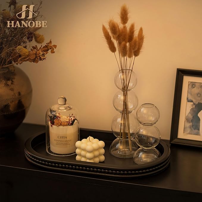 Hanobe Decorative Trays for Coffee Table : Black Oval Centerpiece Tray Wood for Farmhouse Entry Table Decor Round Bathroom Tray for Living Room Kitchen Counter