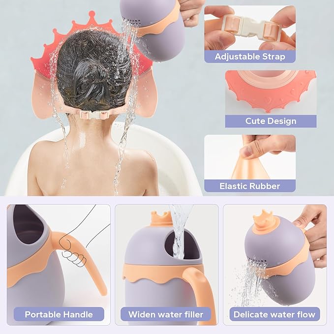 FUNUPUP Baby Shower Cap for Kids with Bath Rinse Cup, Adjustable Toddler Hair Washing Shield Hat Baby Bath Visor Shampoo Hat for Toddlers 6M-9T, Pink