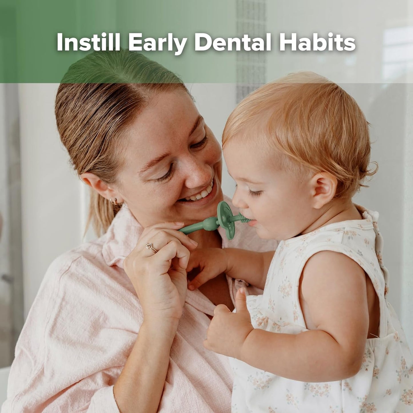 haakaa 360° Baby Toothbrush with Suction Base - Gentle Cleaning for Toddler's Self-Brushing Training, Food-Grade Silicone, Adjustable Safety Shield - Jade (1 Piece)