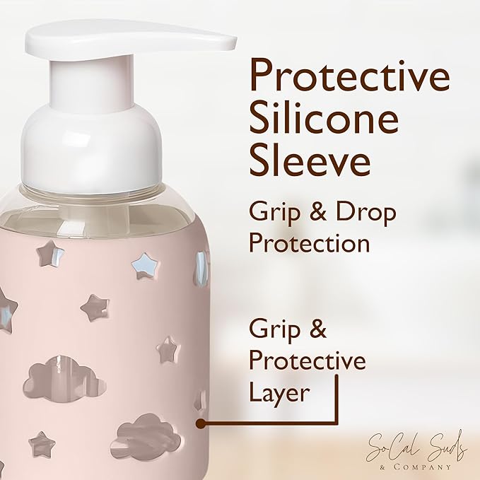 SoCal Suds & Company Glass Foaming Hand Soap Dispenser, Soft Grip Silicone Sleeve, Refillable Pump Bottle for Kids, Baby Wash & Shampoo, Ideal for Home Use, Light Pink 8oz