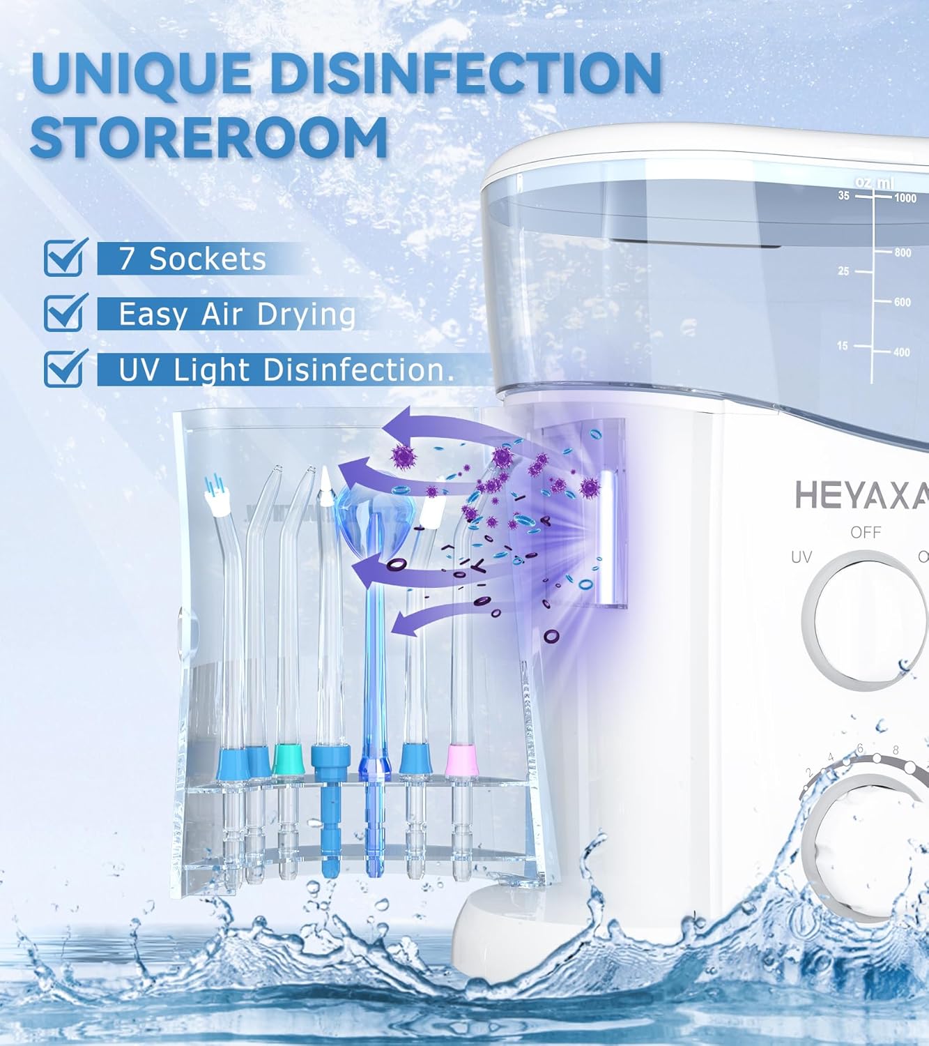 Water Dental Flosser for Teeth Cleaning with 1000ML Large Capacity and UV Storage, 10 Adjustable Pressure Electric Oral Irrigator with 7 Jet Tips for Home Use, Gums, Braces (White)