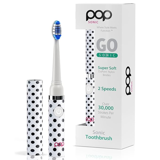 Pop Sonic Electric Toothbrush (White Dots) - Travel Toothbrushes w/AAA Battery | Kids Electric Toothbrushes with 2 Speed & 15,000-30,000 Strokes/Minute, Dupont Nylon Bristles
