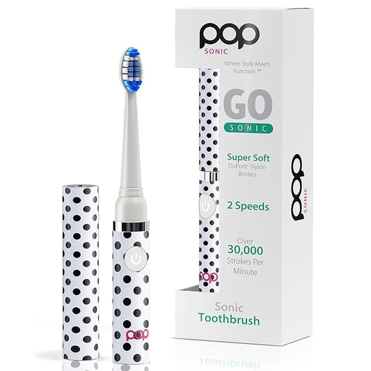 Pop Sonic Electric Toothbrush (White Dots) - Travel Toothbrushes w/AAA Battery | Kids Electric Toothbrushes with 2 Speed & 15,000-30,000 Strokes/Minute, Dupont Nylon Bristles
