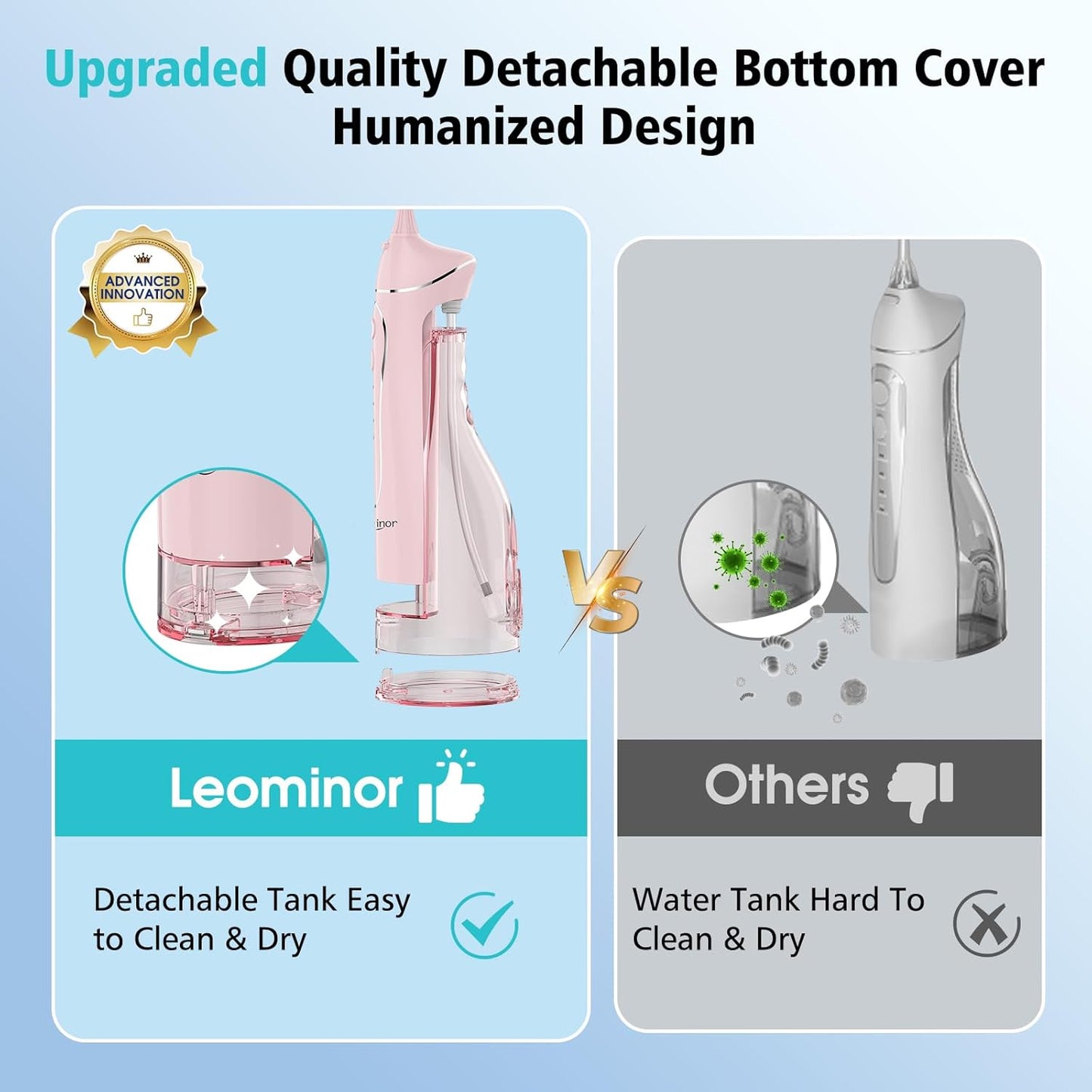 Leominor Water Flosser Pick for Teeth, 300ML Portable Oral Irrigator Upgraded Tank Removable,IPX7 Waterproof, Rechargeable Travel Teeth Cleaner, Professional Electric Flossing Machine (Pink)
