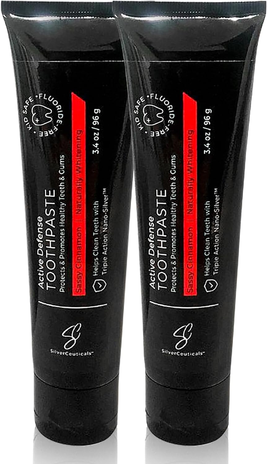 Colloidal Silver Toothpaste - Sassy Cinnamon - Remineralize Tooth Enamel - SLS & Fluoride Free Cavity Protection - Gum Health - Bad Breathe - Gingivitis - Coral Calcium & Xylitol - 3.4oz - Pack of 2