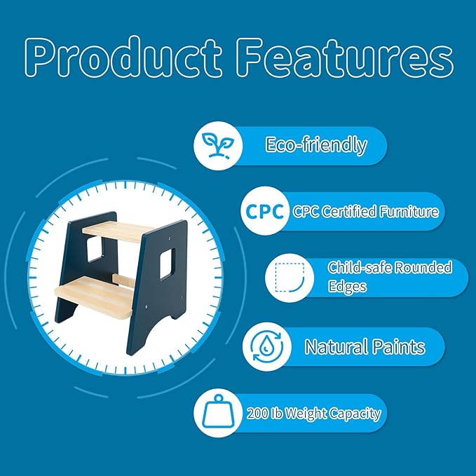 WOOD CITY Toddler Step Stool-Wooden 2 Step Stools for Bathroom Sink Potty Training Kitchen Stool Helper for Kids Bonus Non-Slip Pads and Handles for Safety Blue