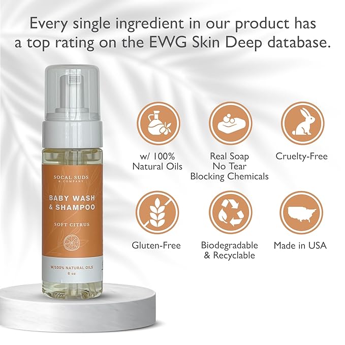 SoCal Suds & Company - Organic Foaming Baby Wash & Shampoo - Gentle Cleansing Newborn Body & Hair Soap for Sensitive Skin - Clean Natural Soothing Ingredients - Soft Citrus, 6oz, 2-Pack