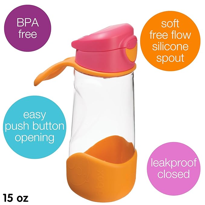b.box 15 oz Sport Spout Kids Water Bottle for School, Sports, Travel, Daycare. Leakproof, Spill Proof, Dishwasher Safe. Easy Grip Triangle Shape, Durable Tritan Material. BPA Free.