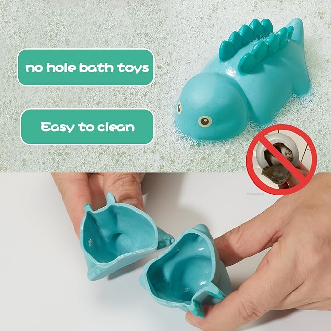 Mold Free Bath Toys, 9 Pack | Sealed, No Hole Bath Toys | Soft, Squeezable & Float on Water | Non-Toxic Easy-Grip Baby & Toddler Bath Toy Set | Baby Gift for Christmas Stocking Stuffers (Dinosaur)