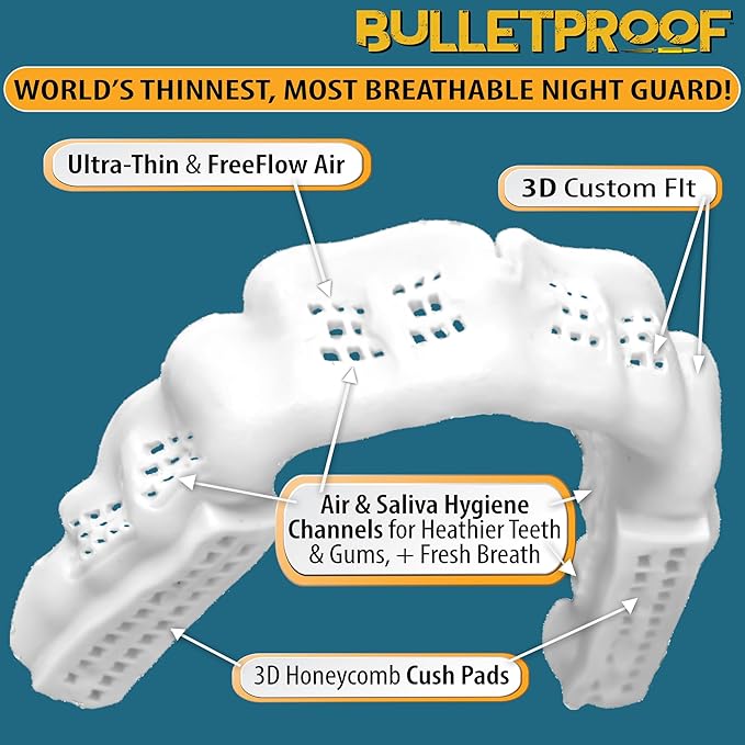 Night Guard BulletProof: World’s Thinnest Mouth Guard for Grinding Teeth at night. TMJ Bite Clenching Mouthguard for Sleeping. Women Men Nighttime Dental Bruxism Relief Nightguard for Sleep Adult Kids
