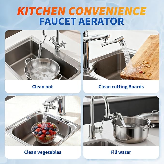 1440°Sink Rotatable Faucet-Extender Aerator - Bathroom/Laundry/Kitchen/Utility U Shaped Universal Faucet Extension In Brass, Swivel Robotic Arm 2 Sprayer Modes Sink Sprayer For Toddlers