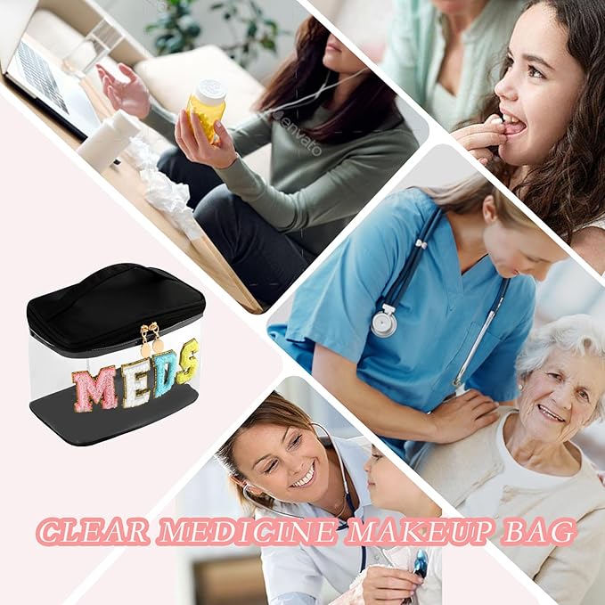 Large Waterproof Chenille Letter Medicine Clear Makeup Bag, Transparent PVC Nylon Preppy Patch Cosmetic Bag with Handle, Portable Meds First Aid Travel Organizer Cosmetic Bag (07MEDS- Black)