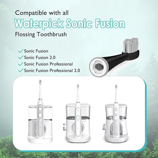 Replacement Heads for Waterpik Sonic Fusion 2.0, Extra-Large Size Flossing Toothbrush Head fit for Water pik SF-01 SF-02 SF-03 SF-04 (Black, 3 Count)
