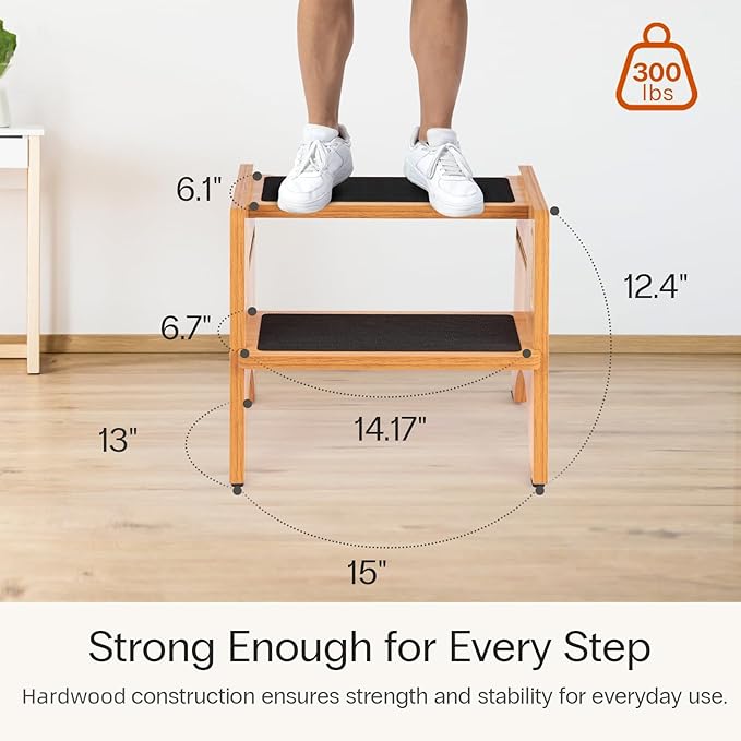 StrongTek Wooden Step Stool, 15" Dual Height Step Stools for Kids, Easy to Clean, Toddler Potty Training Stool with Handles, 300 lbs Capacity for Bathroom Sink, Kitchen, Bedroom