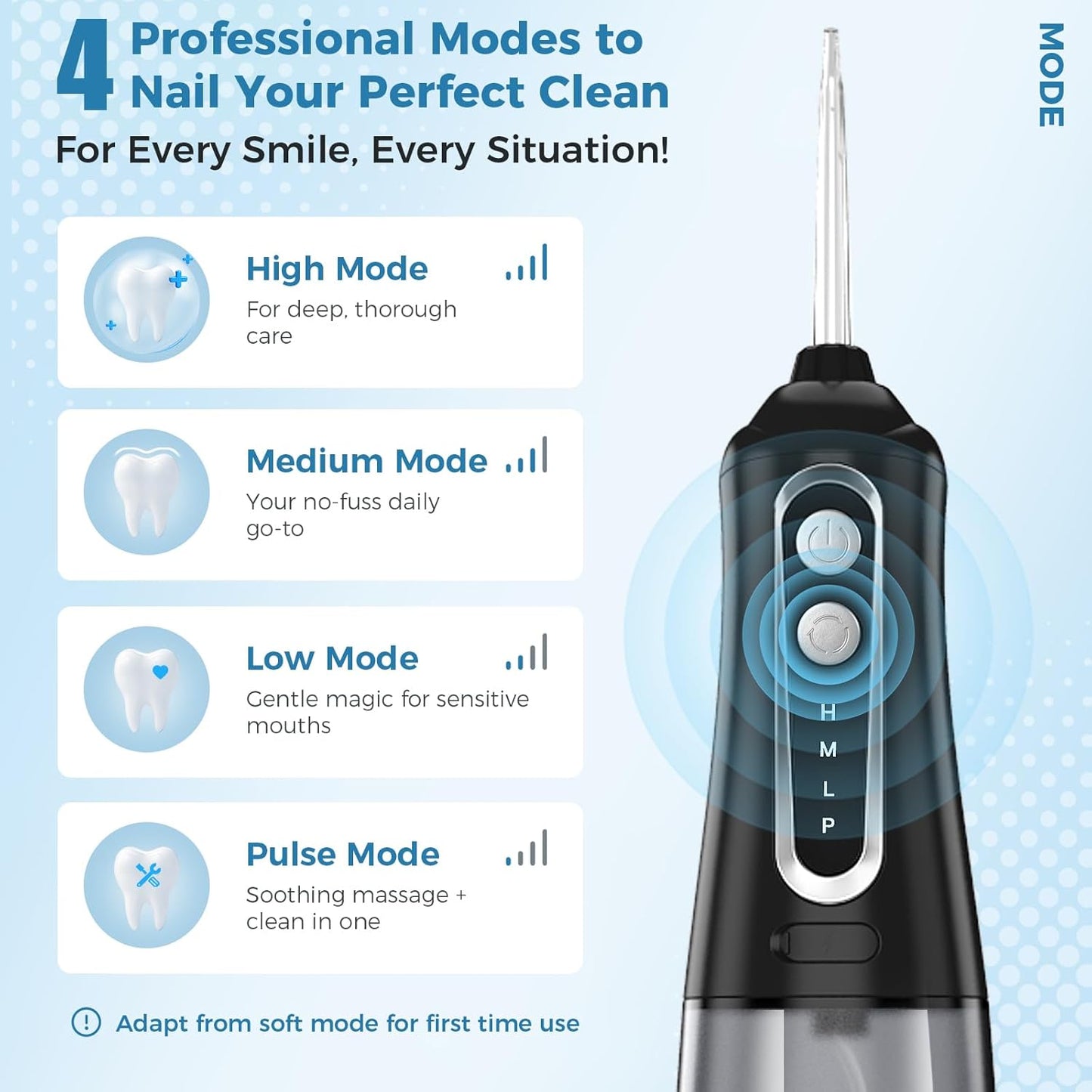 Water Dental Flosser Pick for Teeth, Cordless Oral Irrigator Cleaner 350ML IPX7 Waterproof Rechargeable, 4 Modes 4 nozzles, Portable Professional Flossing for Cleaning Gum Care Braces Home Travel