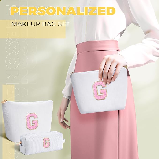 Personalized Makeup Bag for Women Girls - Fashion Cosmetic Bag Trendy Travel Toiletry Bag with Initials Letter - Teen Gifts - White,G
