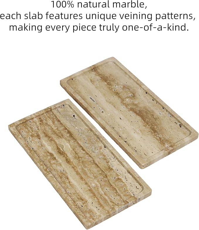 Solid Natural Marble Rectangle Vanity Tray - 9.8"x5" Italy Natural Bath & Counter Organizer, Decorative Jewelry Perfume Holder, Kitchen Coffee Table Serving Tray（Travertine）