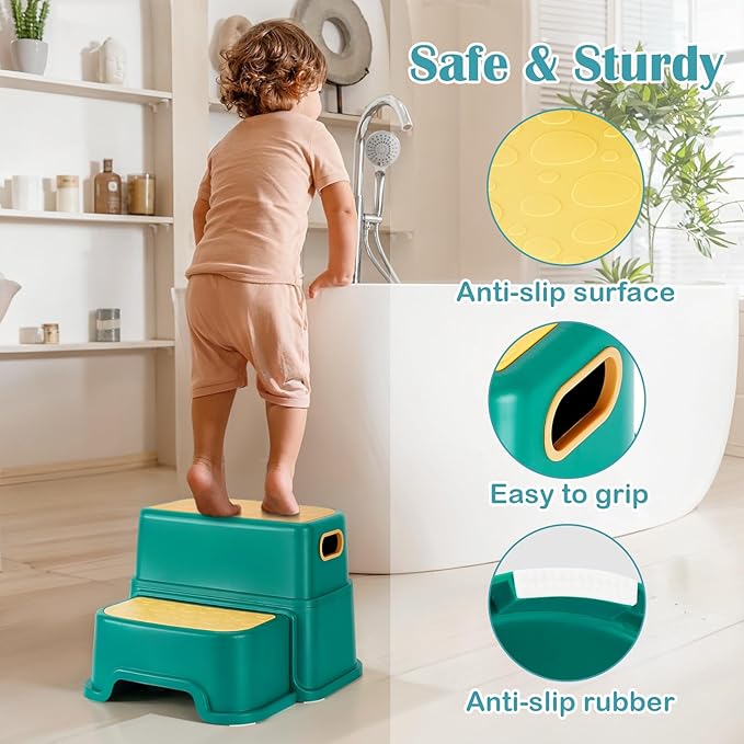 WELSPO 2 Step Stool for Kids, Toddler Step Stool for Bathroom, Kitchen, Bedroom, Living Room, Non-Slip Toddlers Toilet Potty Stool with Handles Baby Child Kid Plastic Poop Stools(Yellow Green)