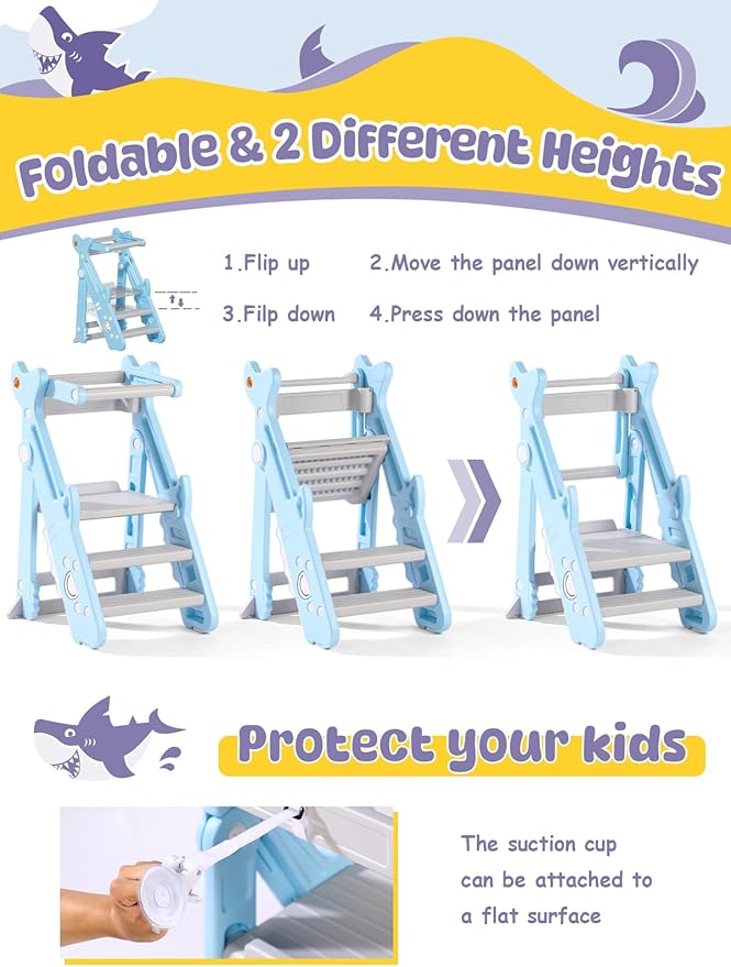 VBABY Foldable Toddler Tower, Plastic Kitchen Stool Helper for Kids, Adjustable Height Standing Tower, Certified Toddler Step Stool, Blue