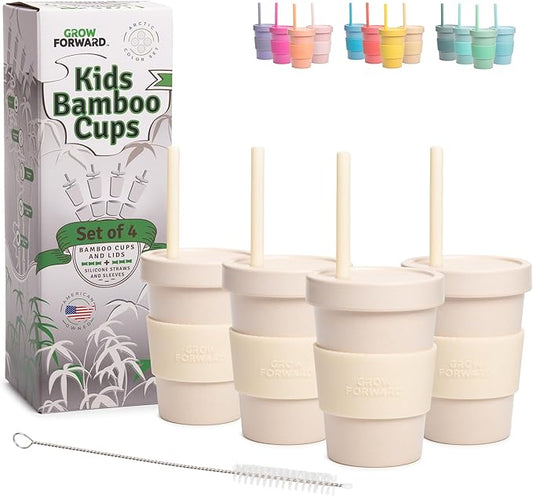 Grow Forward Bamboo Kids Cups with Lids and Straws - 10oz Drinking Cups for Kids with Childproof Twist Lids & Silicone Straws - Eco Friendly, BPA Free, Non Toxic & Dishwasher Safe - Arctic