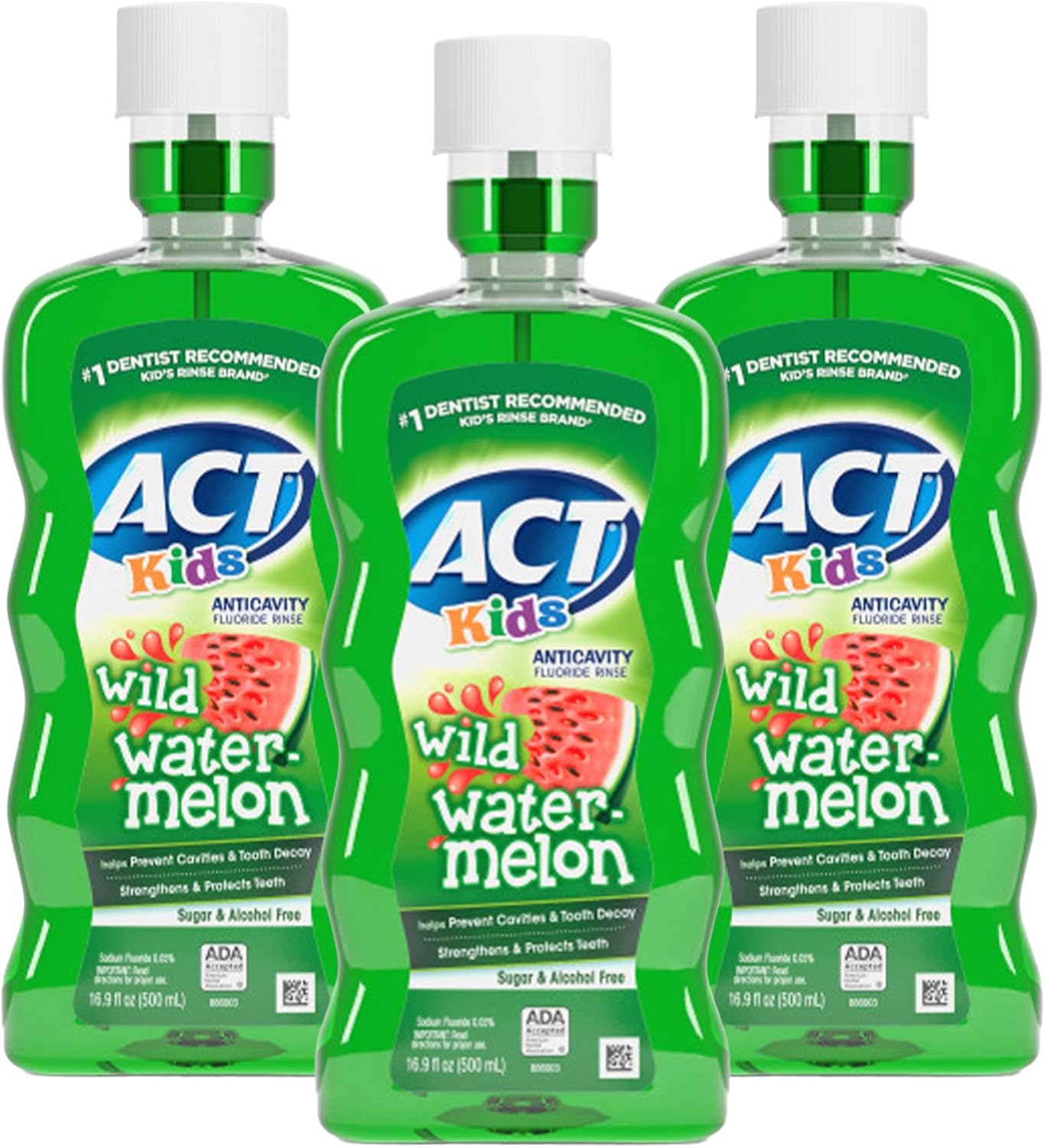 ACT Kids Anticavity Fluoride Mouthwash, Sugar & Alcohol Free Mouth Rinse Strengthens Teeth, Wild Watermelon, 16.9 fl. oz.(Pack of 3)