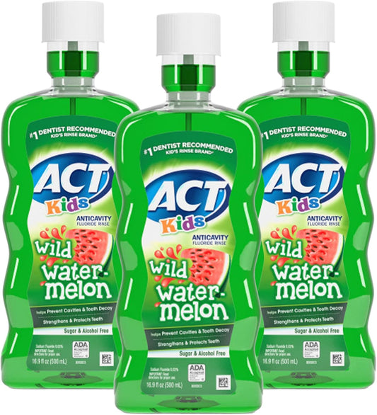 ACT Kids Anticavity Fluoride Mouthwash, Sugar & Alcohol Free Mouth Rinse Strengthens Teeth, Wild Watermelon, 16.9 fl. oz.(Pack of 3)
