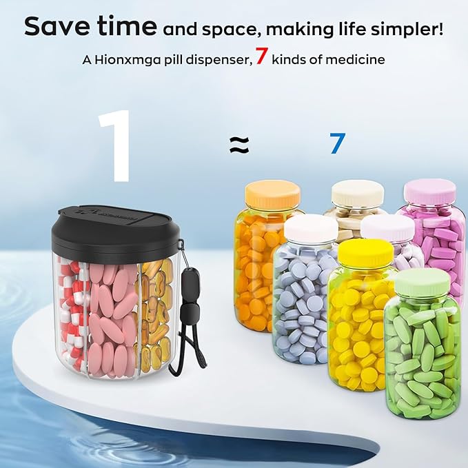 Pill Dispenser with 7 Large Compartments, 4.4" H x 3.6" Dia Pill Bottle Organizer for Travel,Supplement Organizer with Anti-Mixing Design,BPA-Free Pill Container with 20 Pcs Labels Black 2pcs