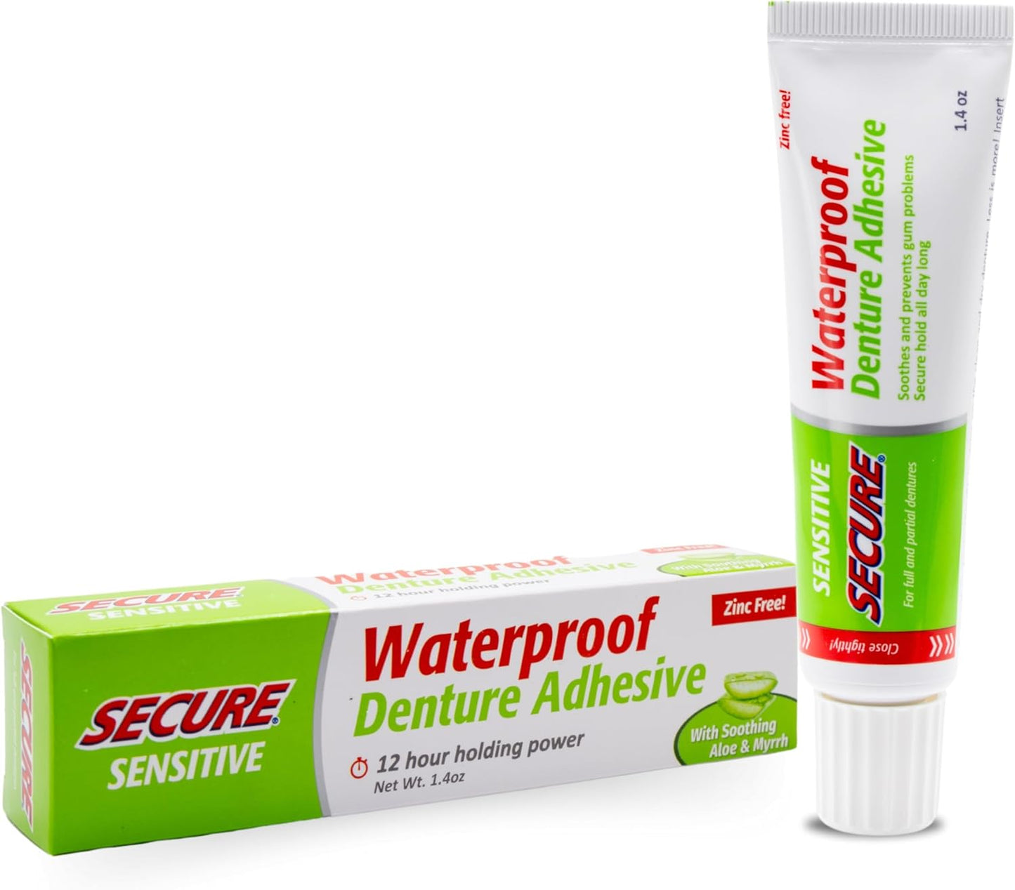 Secure Sensitive Gums Waterproof Denture Adhesive Zinc Free with Aloe Vera & Myrrh - Extra Strong 12 Hour Hold - 1.4 oz