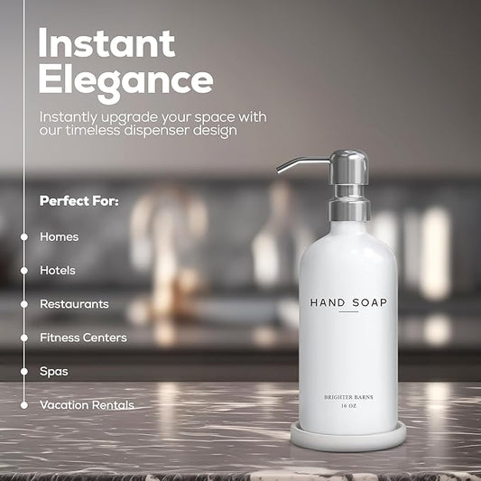 White Glass Hand Soap Dispenser Bathroom Set by Brighter Barns - Bathroom Soap Dispenser Set with Ceramic Tray - Refillable Glass Bottle Pump - Modern Home Decor for Airbnb, Hotel, Restaurants (White)