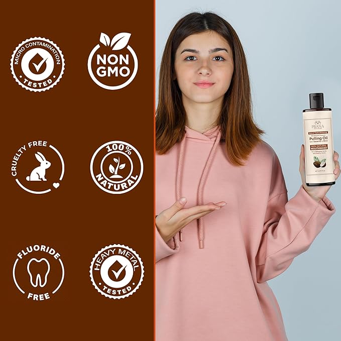 PRANA Coconut Pulling Oil Mouthwash with Tongue Scraper- Ayurvedic Oils for Clean Rinse with Coconut Oil & Clove & improving Teeth & Gum Health - Teeth Pulling Oil Keeps Your Mouth Refreshed- (4 Pack)