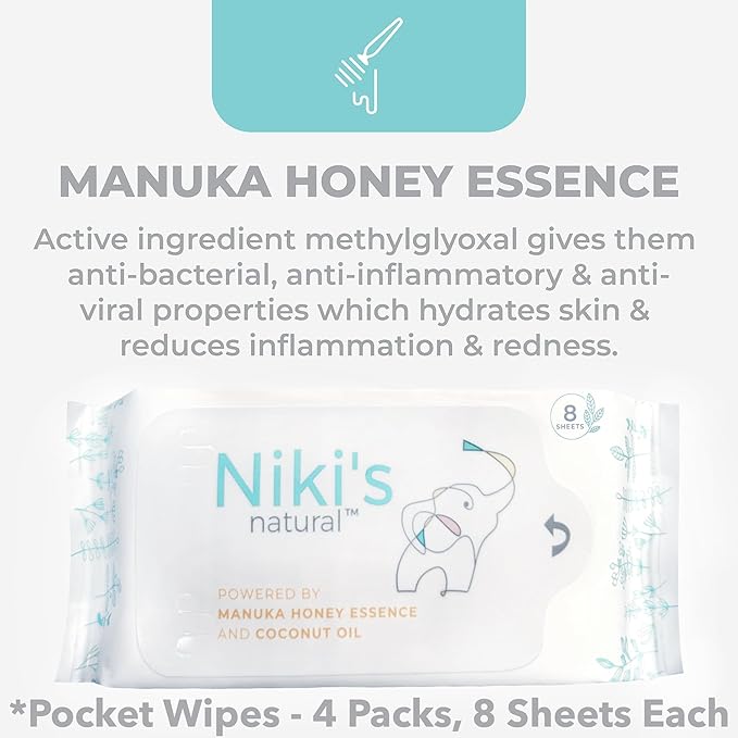 Niki's Natural Pocket Baby Wipes | Organic Baby Wipes Sensitive | Made with Manuka Honey and Coconut Oil, Unscented | EWG Verified | 32 Wipes (4 Pack x 8 Count Wipes)
