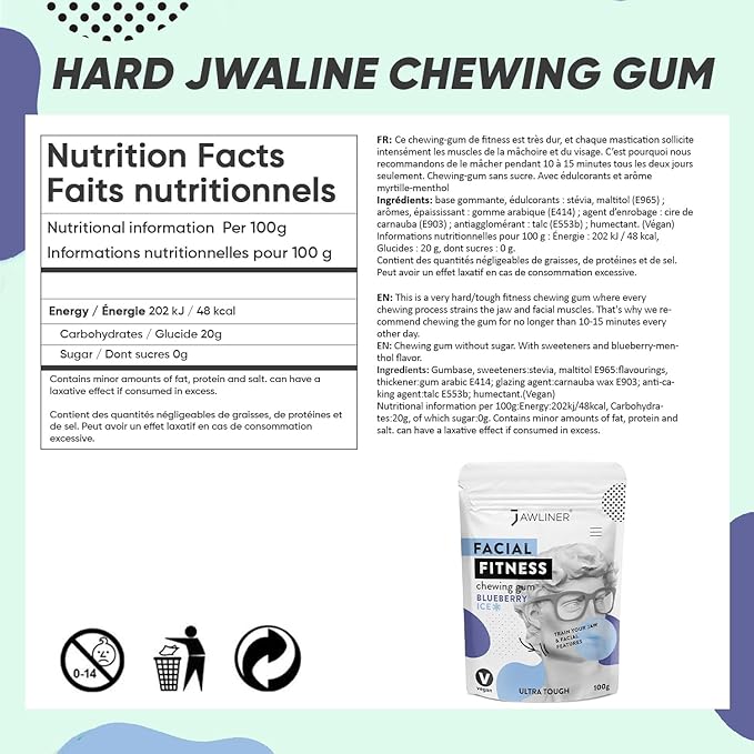 Jawliner® - Pioneers the Toughest Handmade 15x Harder Jawline Gum Includes 12 Weeks Coaching - Sugar-Free Blueberry Ice Gum - Jawline Exerciser for Mewing & Shaping the Jaw (2 Months Pack)