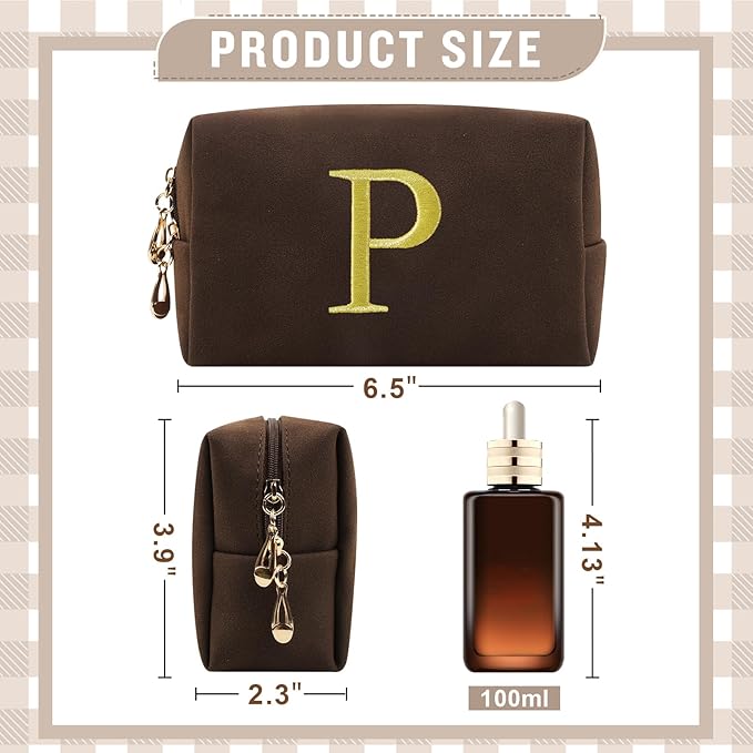Personalized Initial Makeup Bag,Preppy Suede Cosmetic Bag for Teen Girls,Small Monogram Travel Toiletry Bag With Gold Embroidered Letter,Trendy Stuff Custom Christmas Gift for Women(Coffee-P)